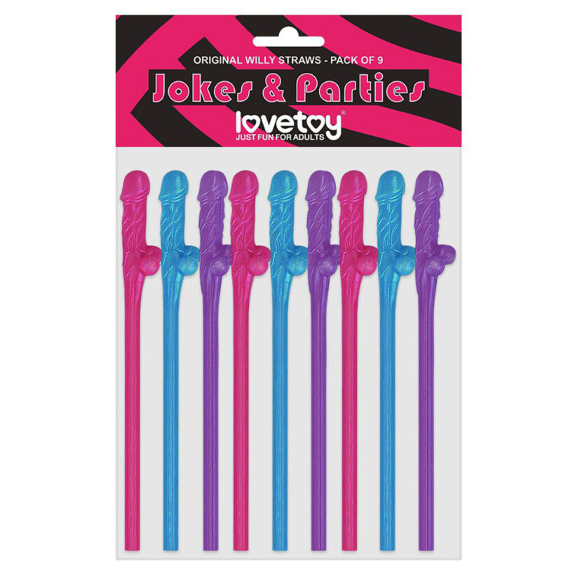 Lovetoy Pack Of 9 Willy Straws Blue Pink And Purple